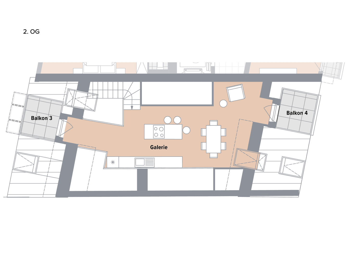Grundriss des zweiten Obergeschosses mit Galeriebereich und zwei weiteren Balkonen.