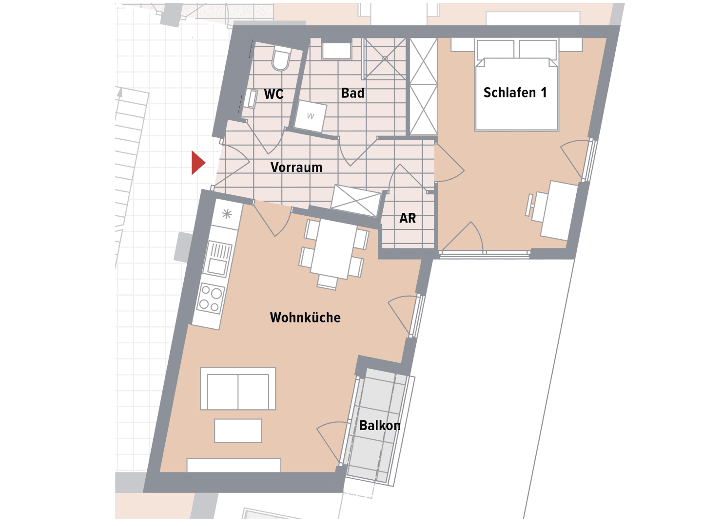 Grundriss einer Wohnung mit offener Wohnküche, Schlafzimmer, Bad, WC und Balkon.