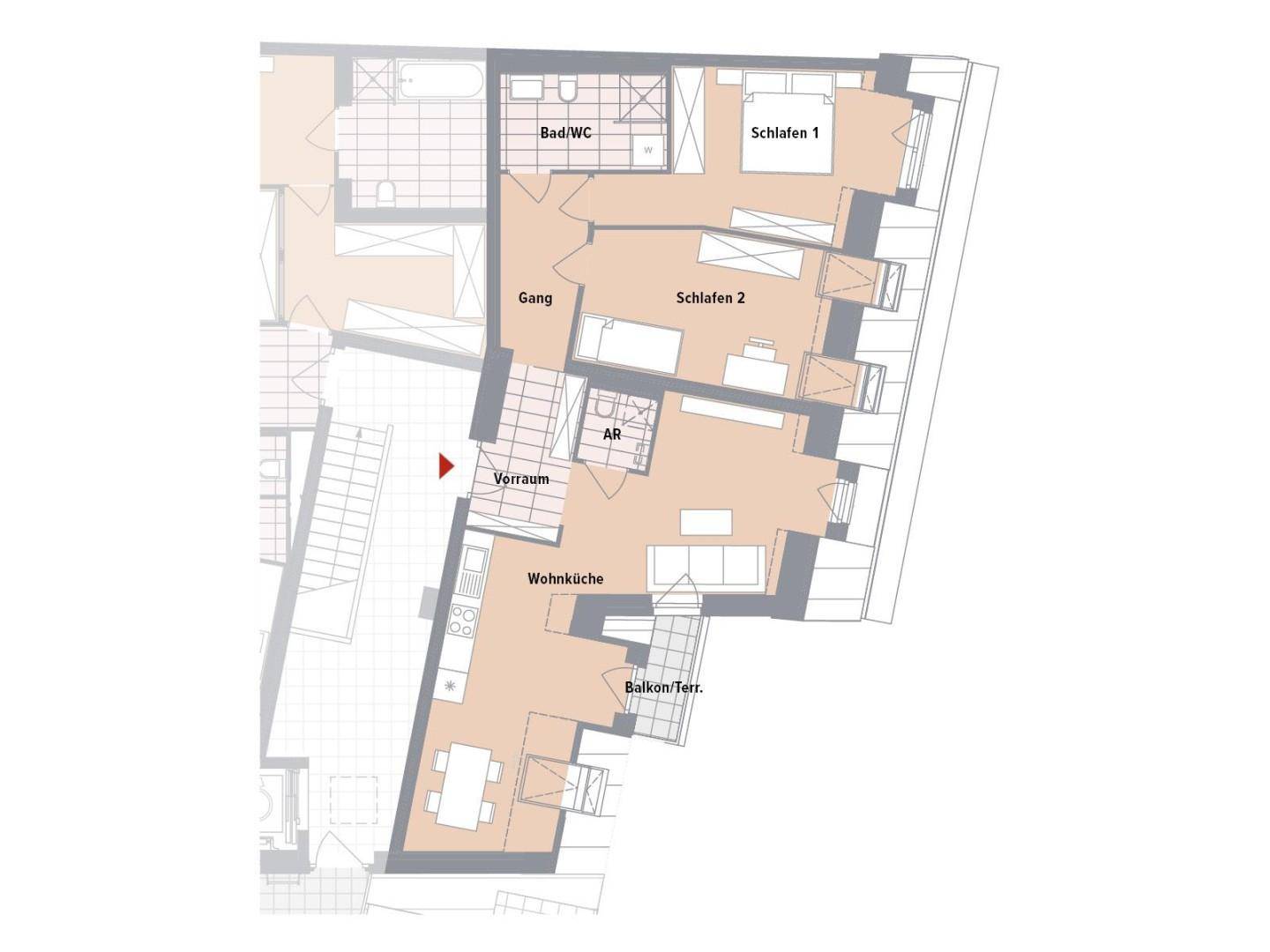 Grundriss einer Wohnung mit zwei Schlafzimmern, offener Wohnküche und Zugang zu Balkon oder Terrasse.