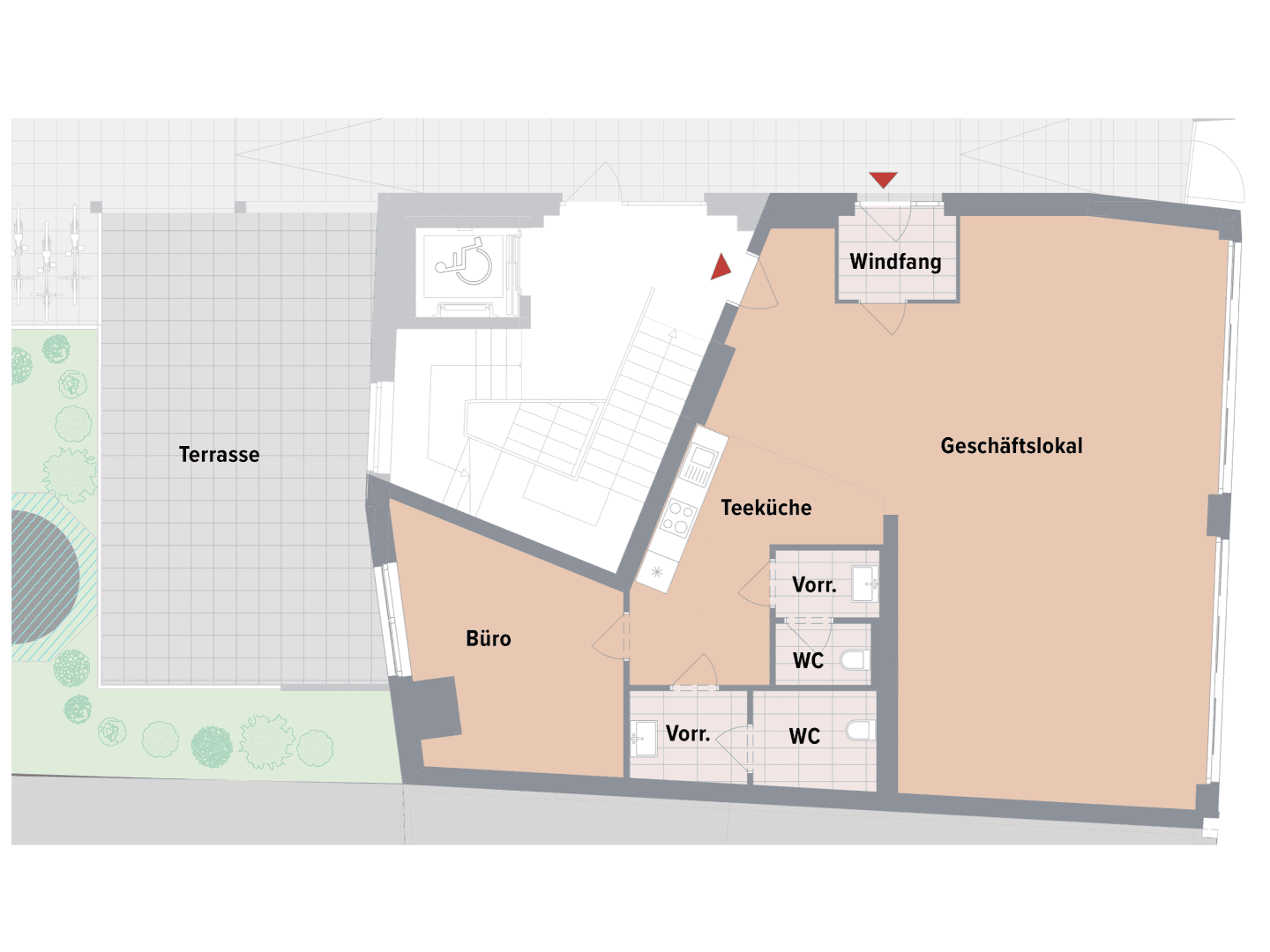 Grundriss eines Geschäftslokals mit Büro, Teeküche, WCs und großer Terrasse.