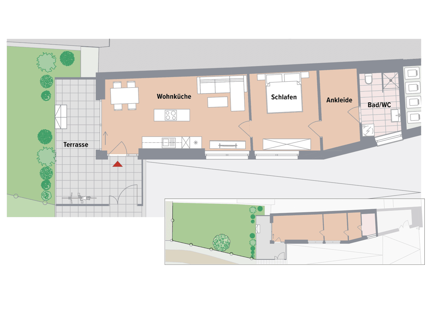 Grundriss einer Wohnung mit offener Wohnküche, Schlafzimmer, Ankleide und Terrasse.