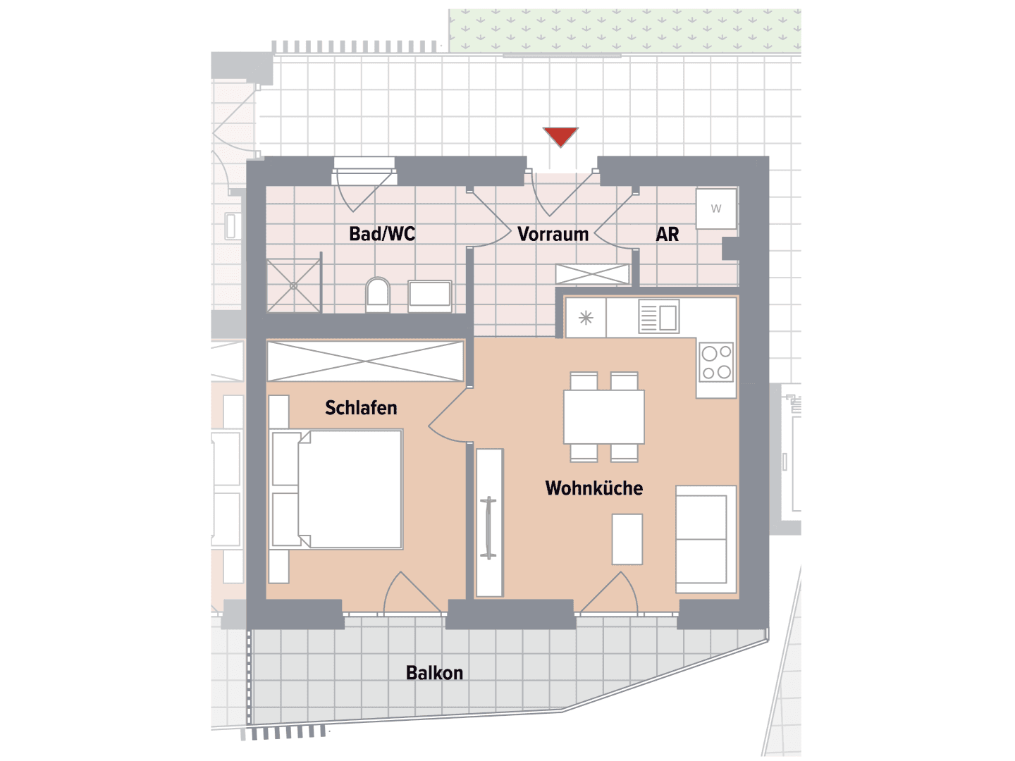 Grundriss einer Wohnung mit einem Schlafzimmer, Wohnküche und Balkon.