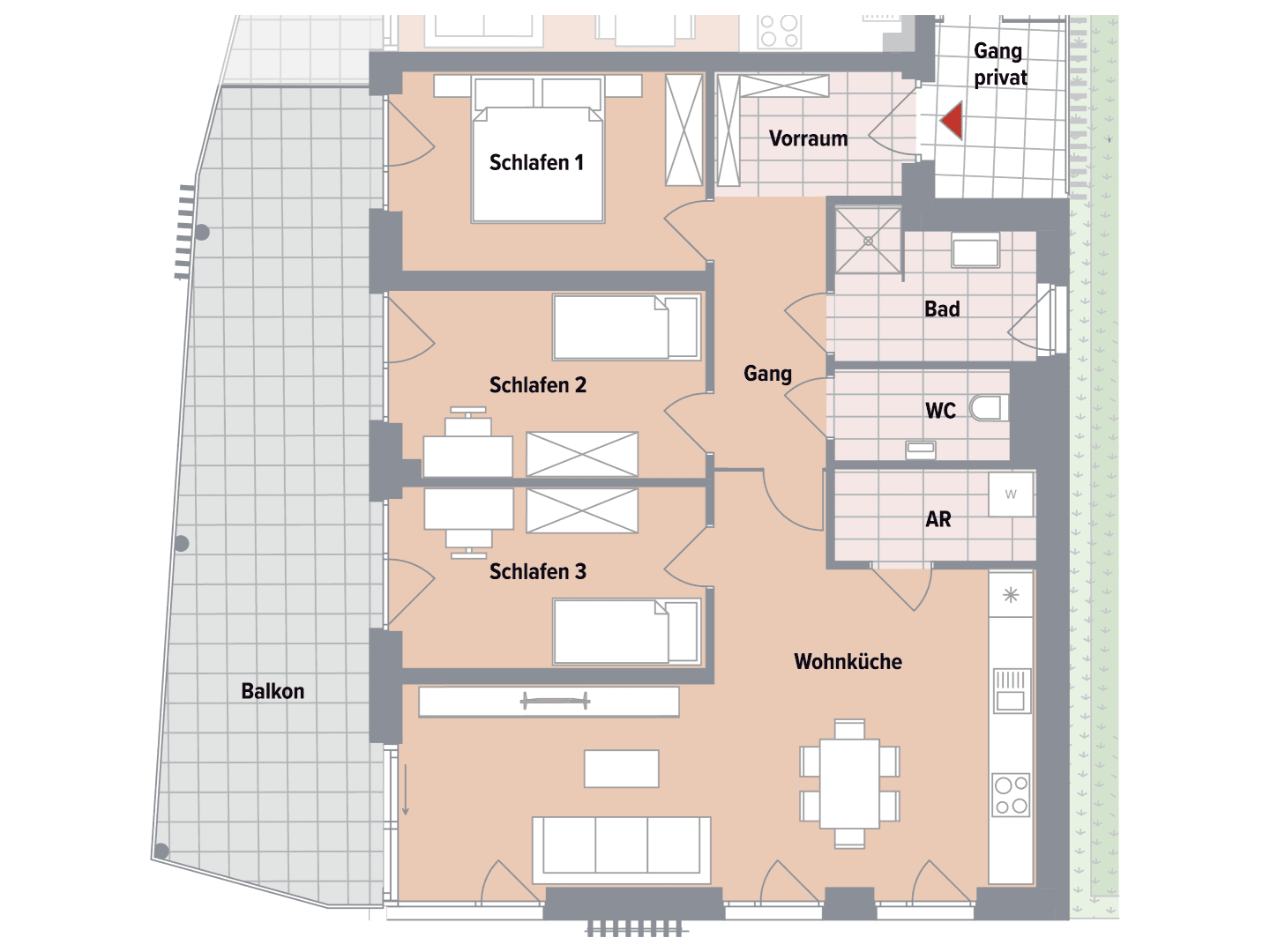 Grundriss einer Wohnung mit drei Schlafzimmern, Wohnküche und großem Balkon.