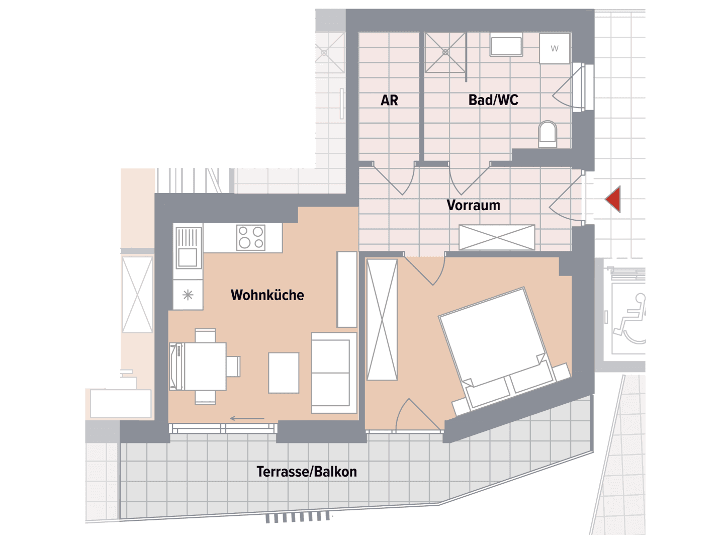 Grundriss einer barrierefreien Wohnung mit einem Schlafzimmer, Wohnküche und Terrasse/Balkon.