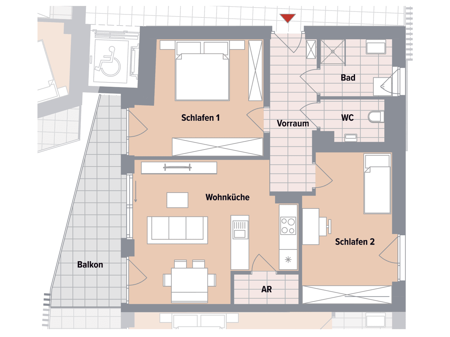 Grundriss einer barrierefreien Wohnung mit zwei Schlafzimmern, Wohnküche und Balkon.