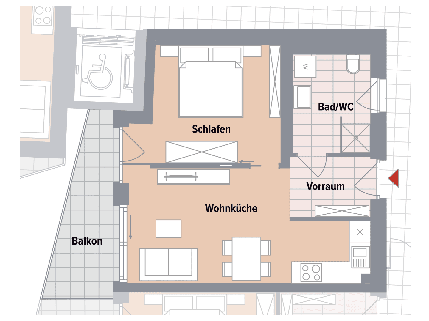 Grundriss einer Wohnung mit offenem Wohn-Essbereich, Schlafzimmer, Bad und Balkon, barrierefrei gestaltet.