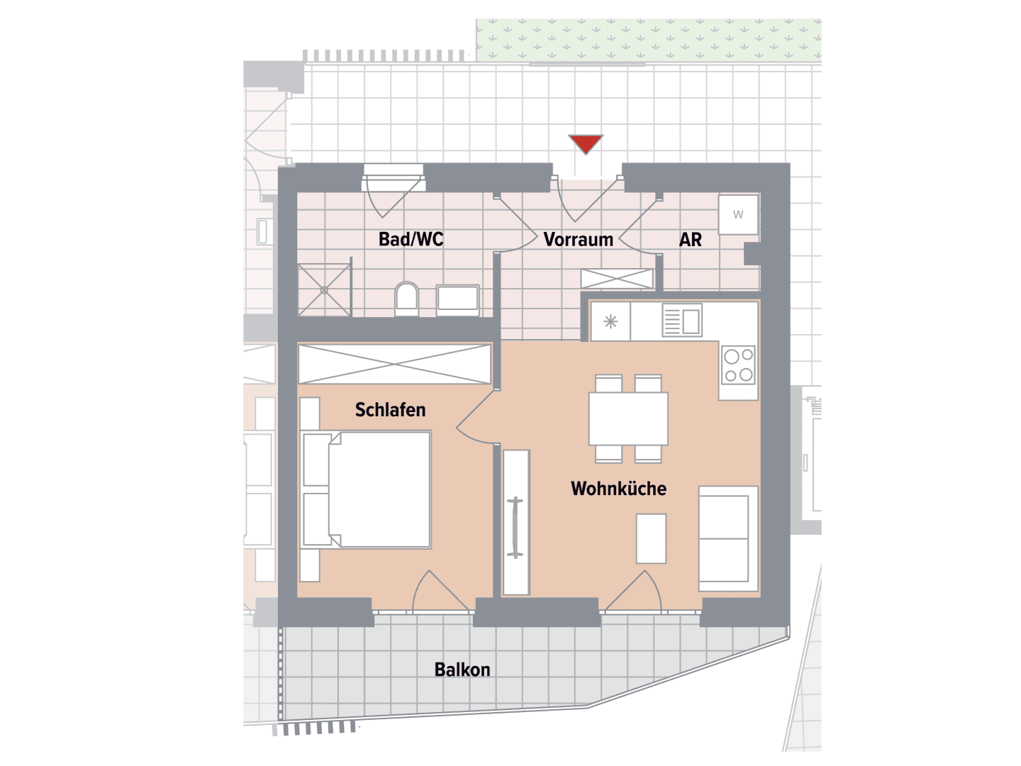 Grundriss einer Wohnung mit Schlafzimmer, Wohnküche, Bad/WC, Vorraum und Balkon.