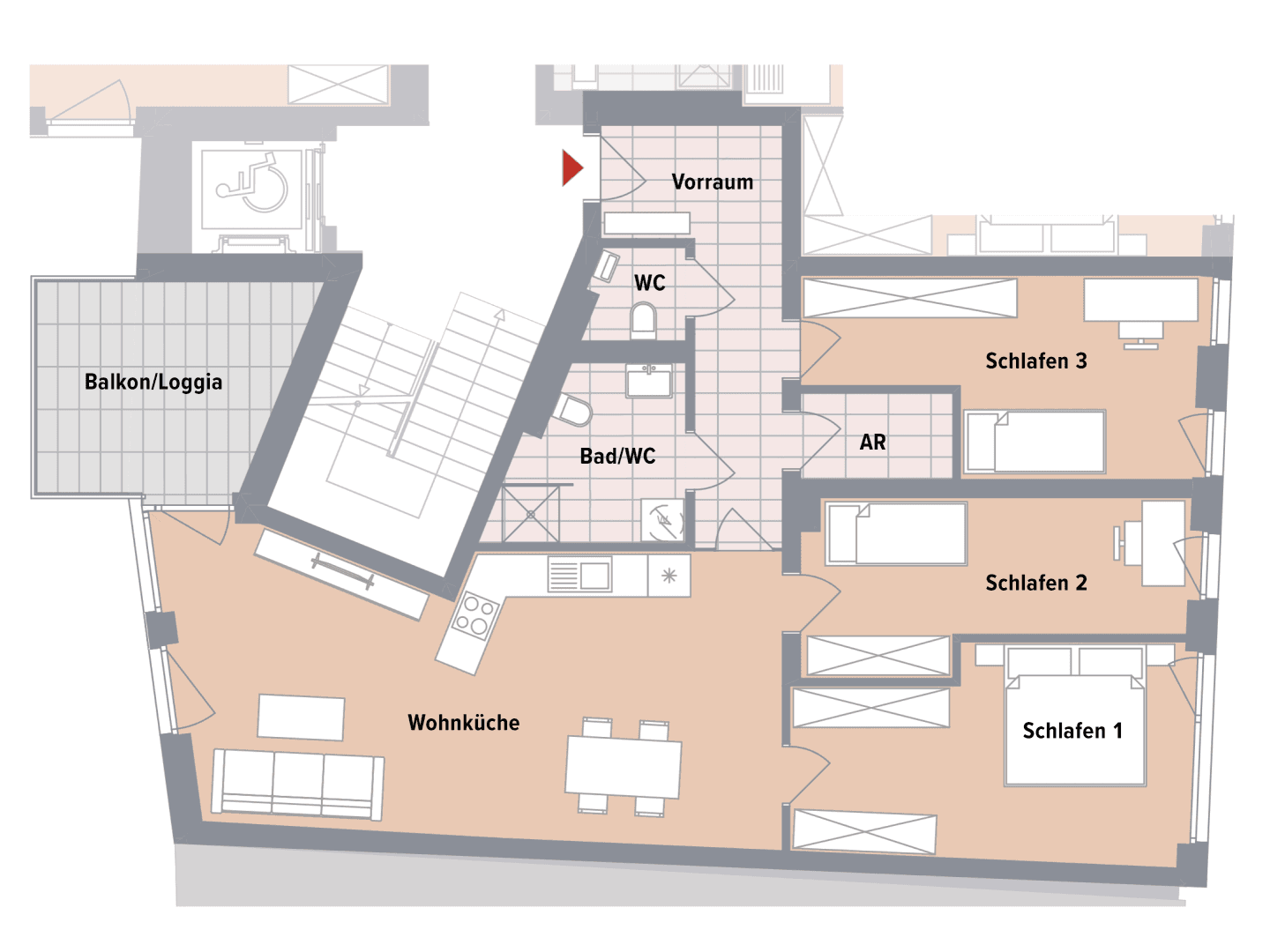 Grundriss einer modernen Wohnung mit drei Schlafzimmern, offener Wohnküche und Balkon/Loggia.