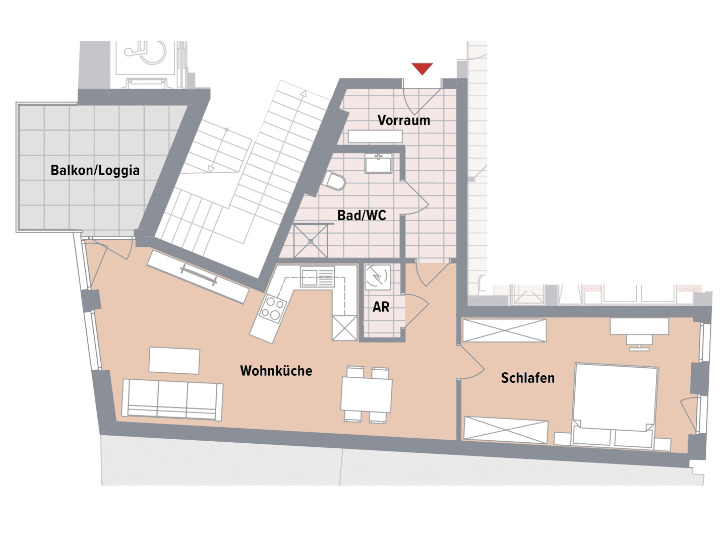 Grundriss einer modernen Wohnung mit offener Wohnküche, Schlafzimmer und großem Balkon.