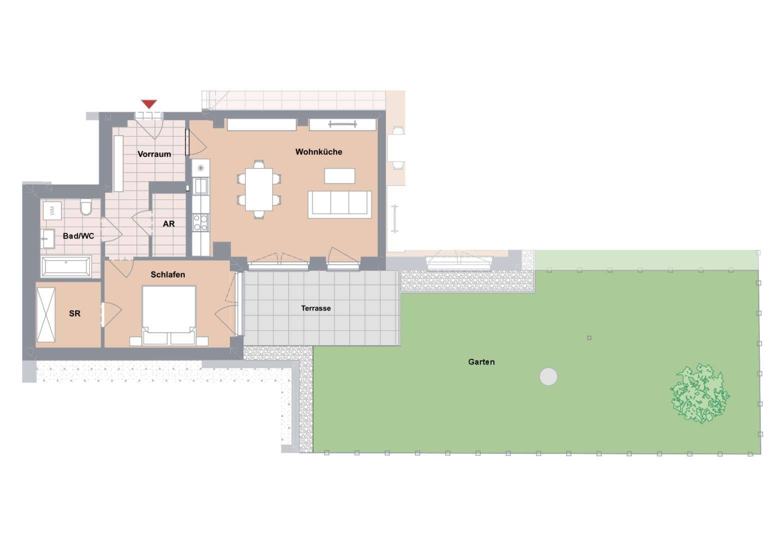 Grundriss einer Gartenwohnung mit Wohnküche, Schlafzimmer, Terrasse und großem Garten.