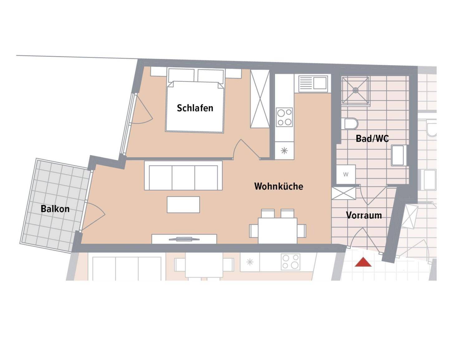 Grundriss einer Wohnung mit Schlafzimmer, offener Wohnküche, Bad/WC und Balkon.