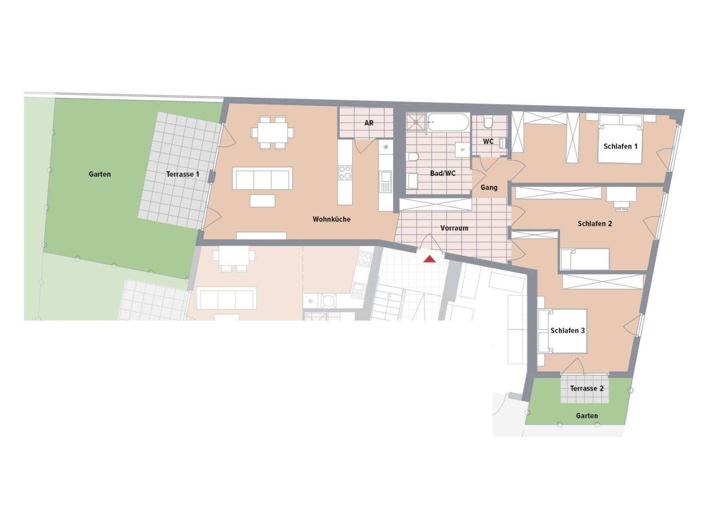 Grundriss einer Wohnung mit drei Schlafzimmern, offener Wohnküche, zwei Terrassen und Gartenanteil.