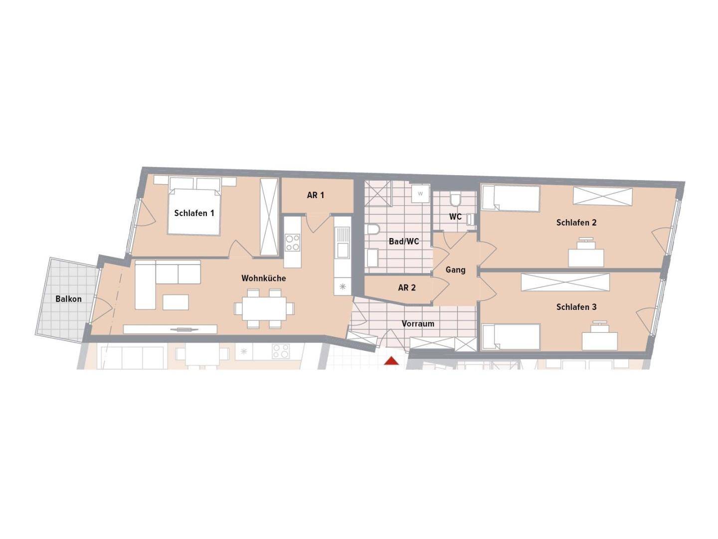 Grundriss einer Wohnung mit drei Schlafzimmern, offener Wohnküche und Balkon.