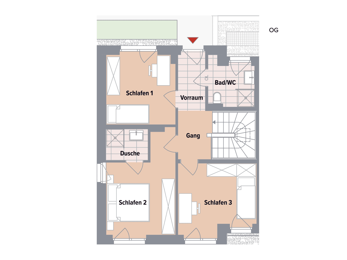 Grundriss des Obergeschosses mit drei Schlafzimmern, Bad, separater Dusche und Treppenaufgang.