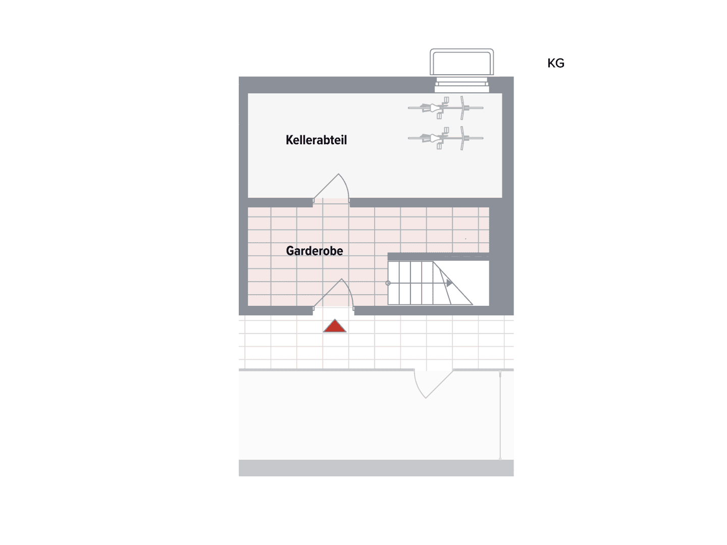 Grundriss des Kellergeschosses mit Kellerabteil, Garderobe und Treppenbereich.
