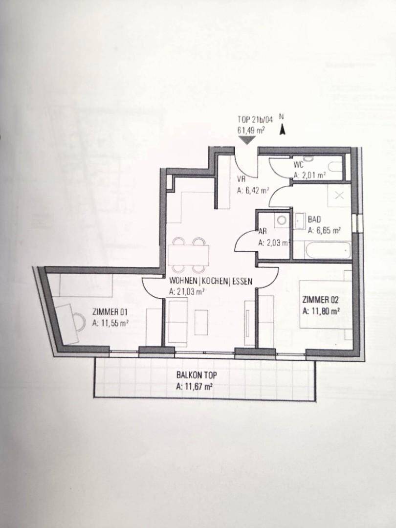 Grundriss einer Wohnung mit zwei Zimmern, offenem Wohn-/Koch-/Essbereich und Balkon.