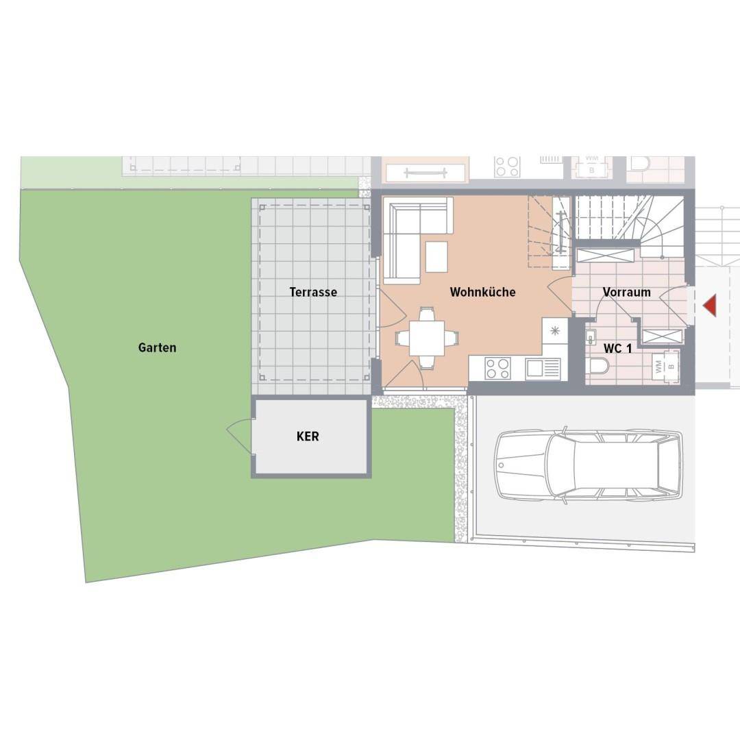 Grundriss des Erdgeschosses mit offener Wohnküche, Terrasse, Garten und Parkplatz.