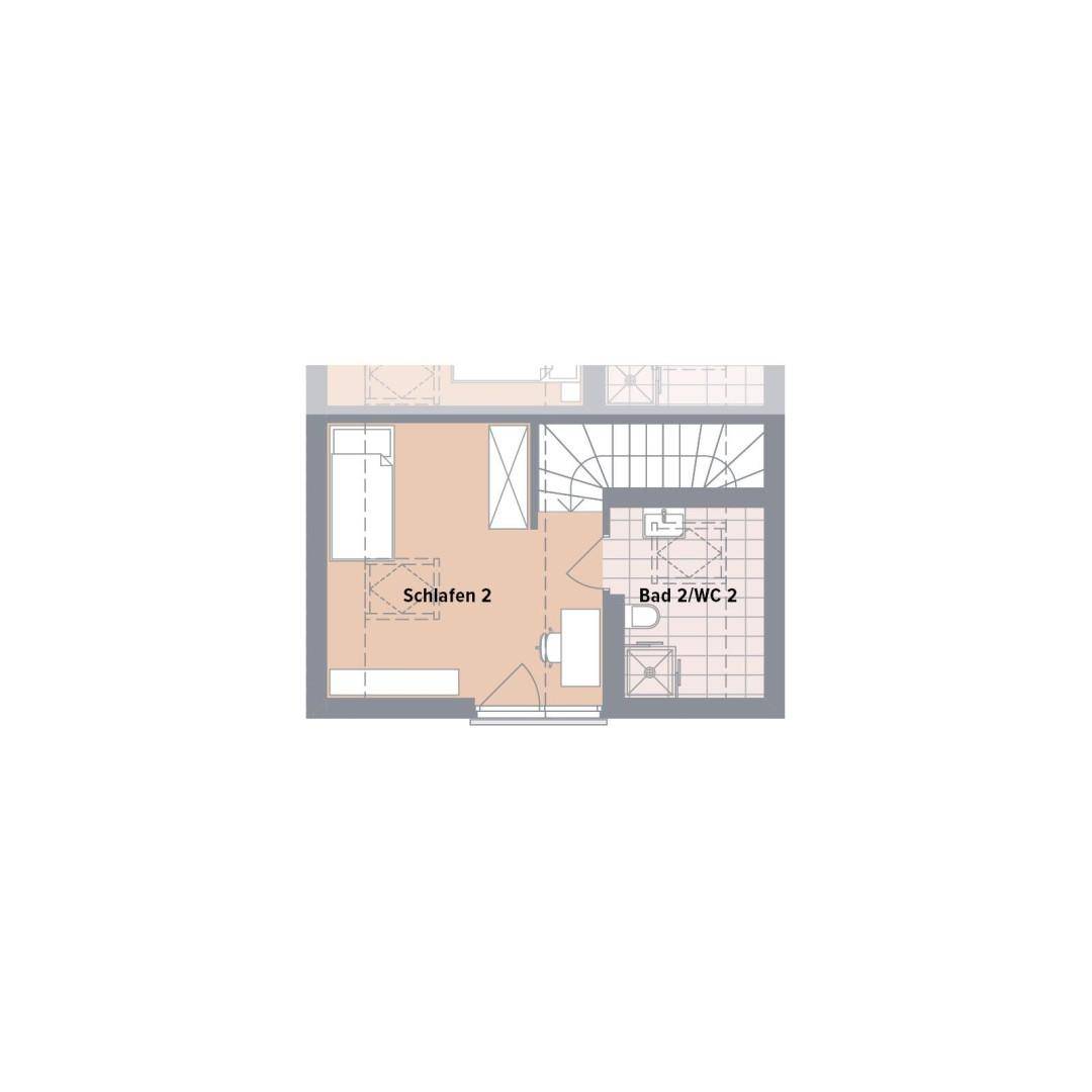 Grundriss des Dachgeschosses mit weiterem Schlafzimmer und Badezimmer mit WC.