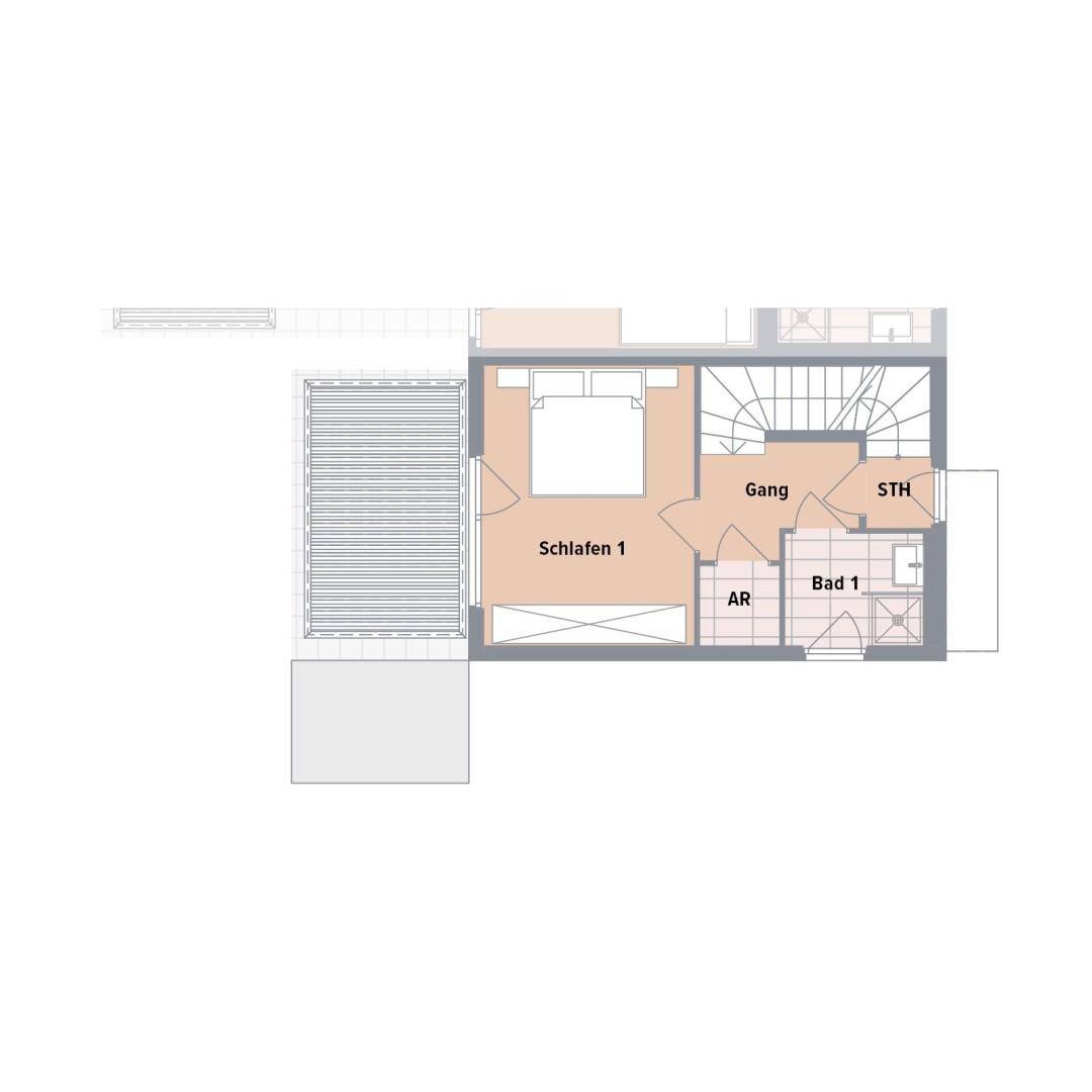 Grundriss des Obergeschosses mit Schlafzimmer, Bad und Flur.
