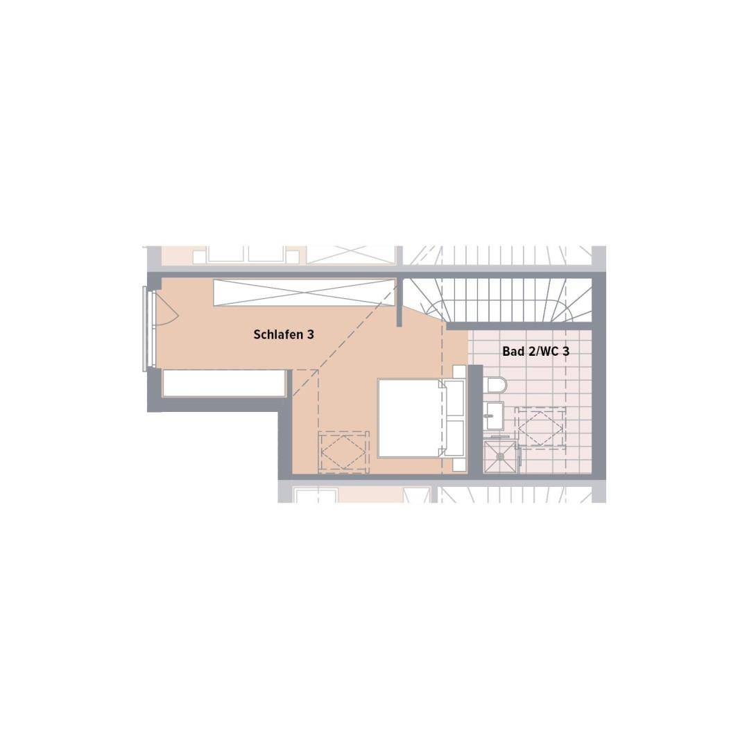 Grundriss des Dachgeschosses mit einem weiteren Schlafzimmer und Badezimmer.