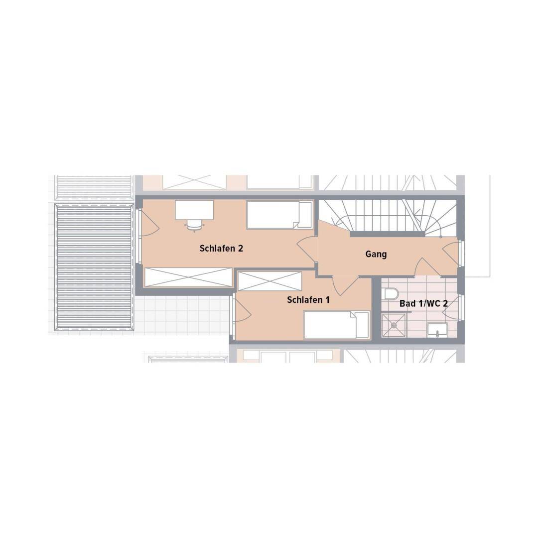 Grundriss des Obergeschosses mit zwei Schlafzimmern und einem Badezimmer.