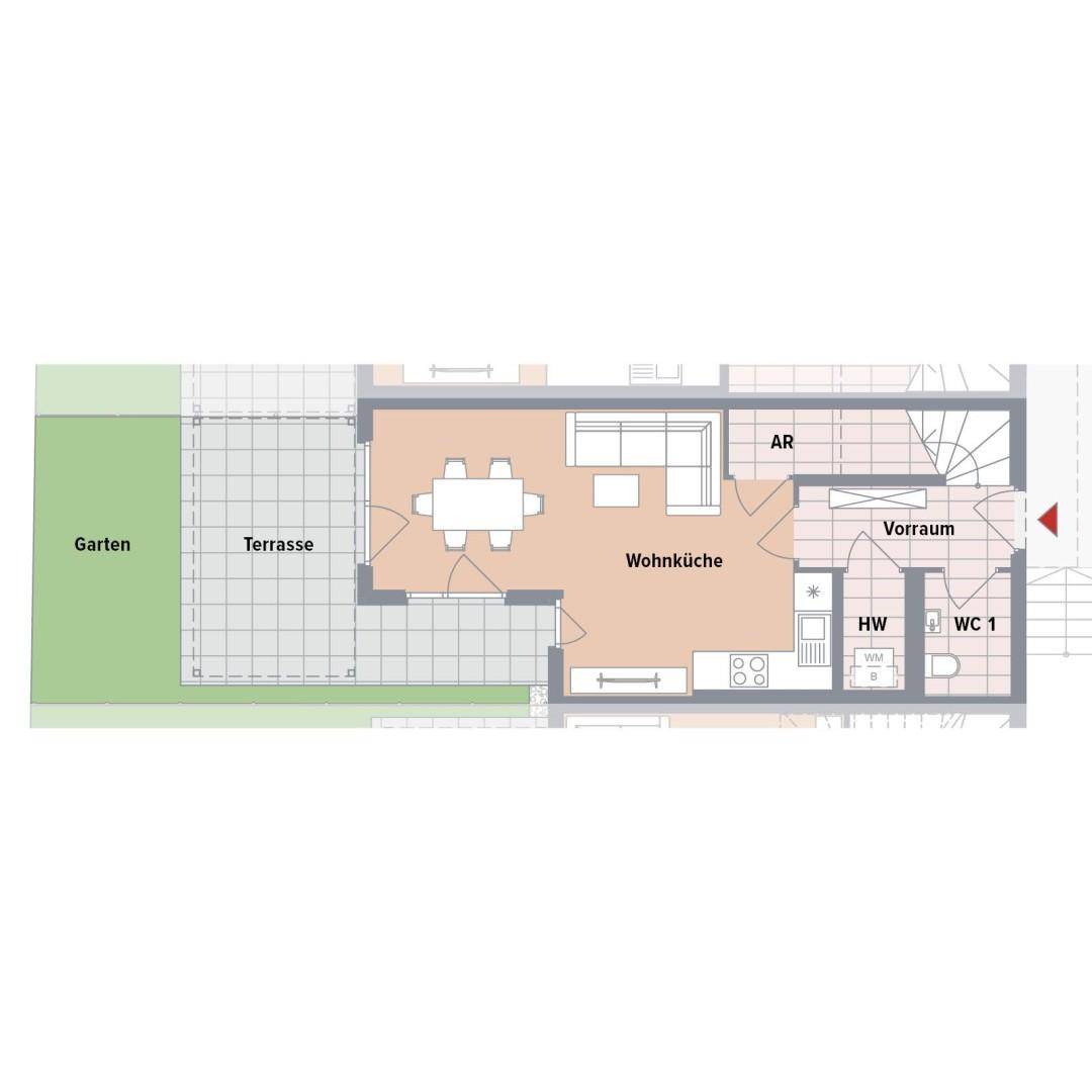 Grundriss des Erdgeschosses mit offener Wohnküche, Terrasse und Garten.
