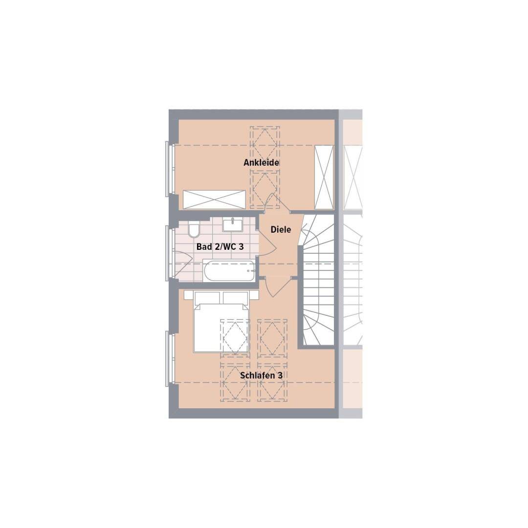 Grundriss eines weiteren Obergeschosses mit Schlafzimmer, Badezimmer und Ankleidebereich.