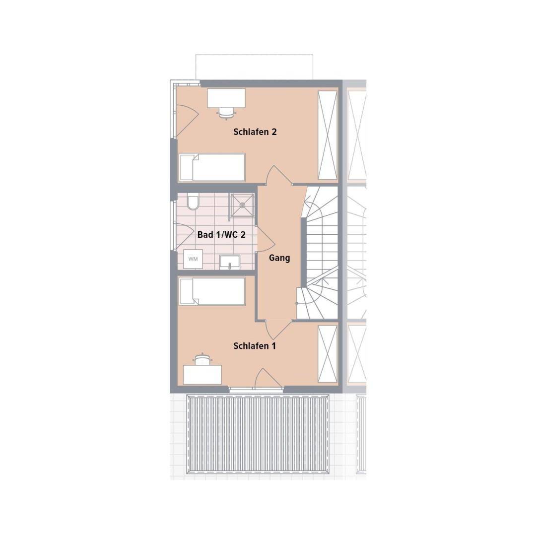 Grundriss des Obergeschosses mit zwei Schlafzimmern, Badezimmer und Treppenaufgang.