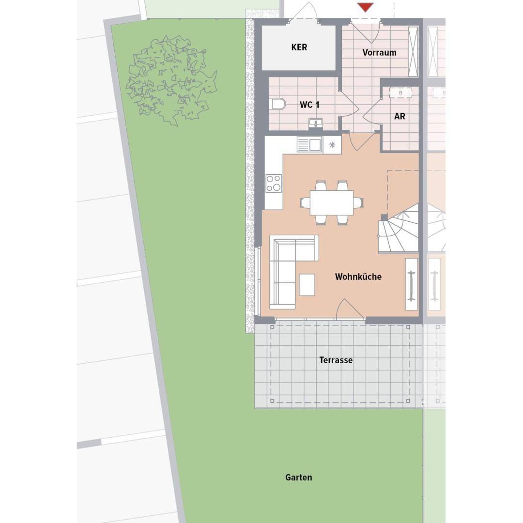 Grundriss des Erdgeschosses mit offener Wohnküche, Terrasse und direktem Gartenzugang.