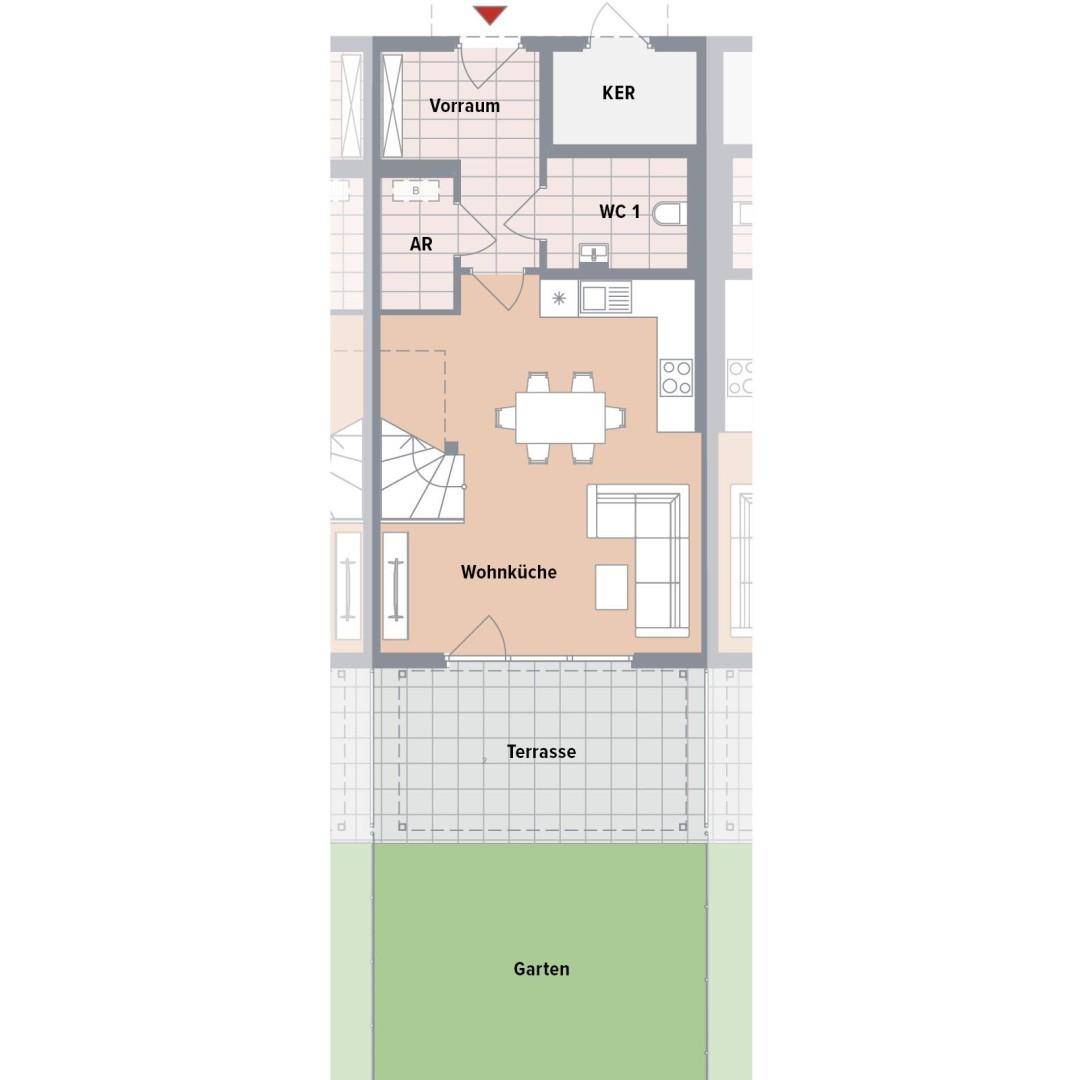 Grundriss des Erdgeschosses mit offener Wohnküche, Terrasse und direktem Zugang zum Garten.