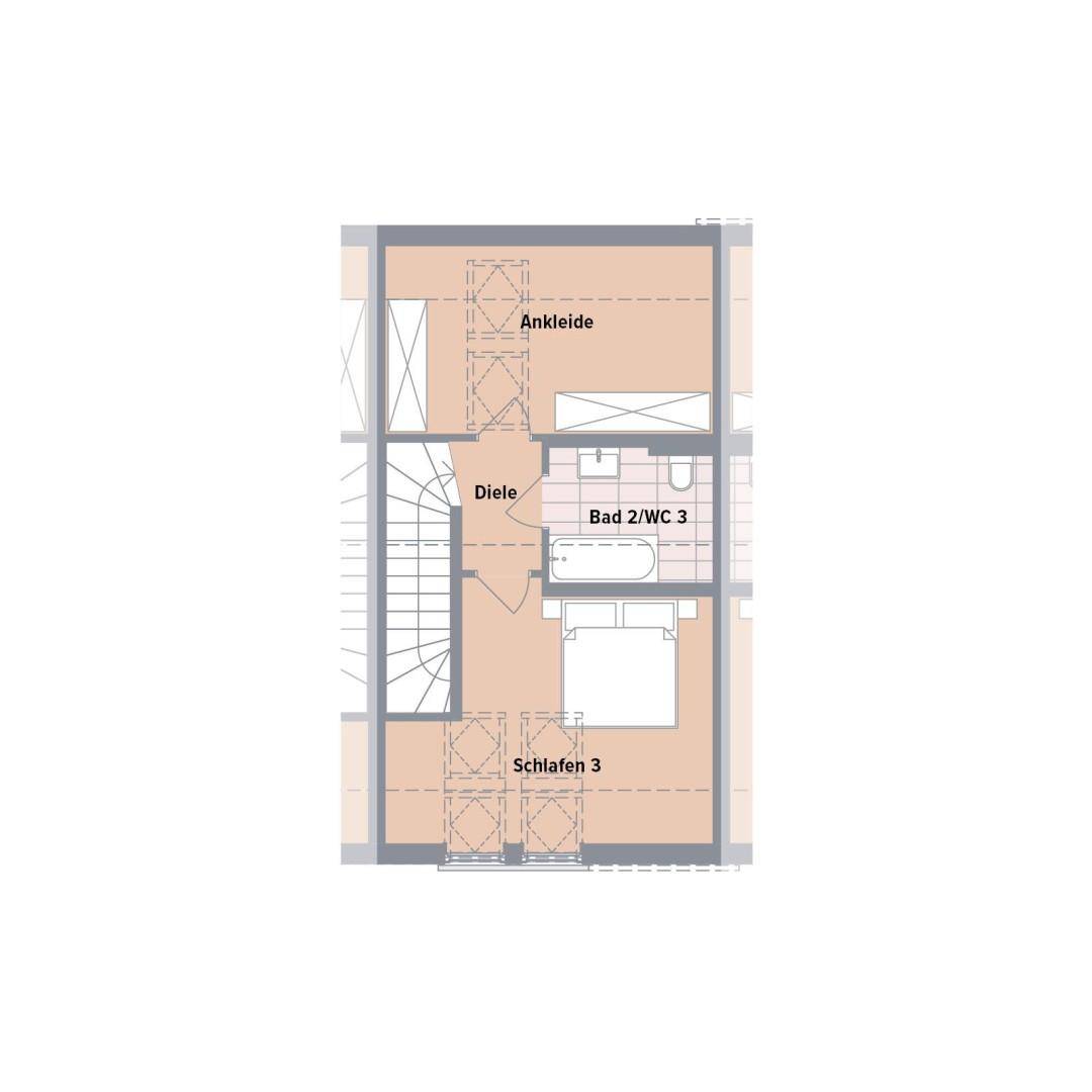 Grundriss des Dachgeschosses mit Schlafzimmer, Ankleidebereich und einem weiteren Badezimmer.
