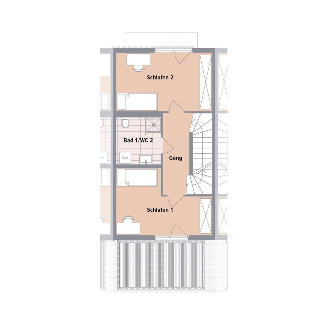 Grundriss des Obergeschosses mit zwei Schlafzimmern und einem Badezimmer.