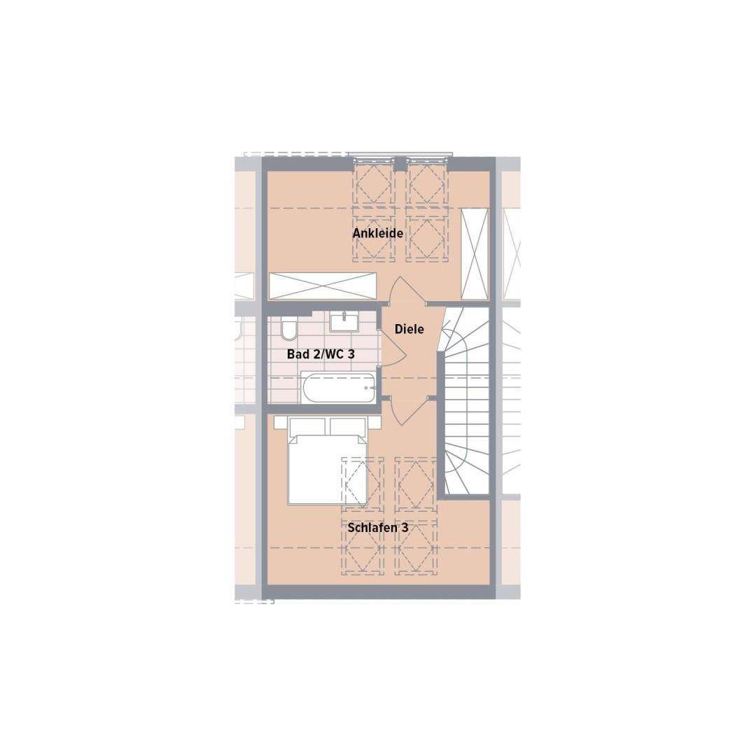 Grundriss des Dachgeschosses mit Schlafzimmer, Badezimmer und separatem Ankleidezimmer.