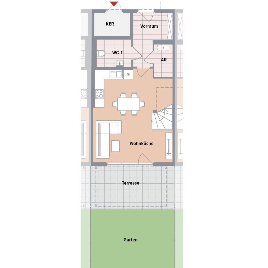 Grundriss des Erdgeschosses mit offener Wohnküche, Terrasse und direktem Zugang zum Garten.