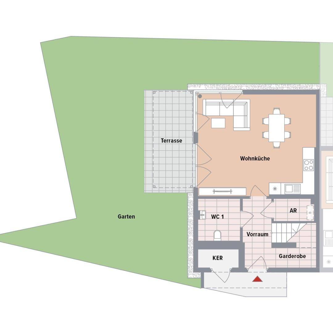Grundriss des Erdgeschosses mit offener Wohnküche, separatem WC, Terrasse und Gartenbereich.