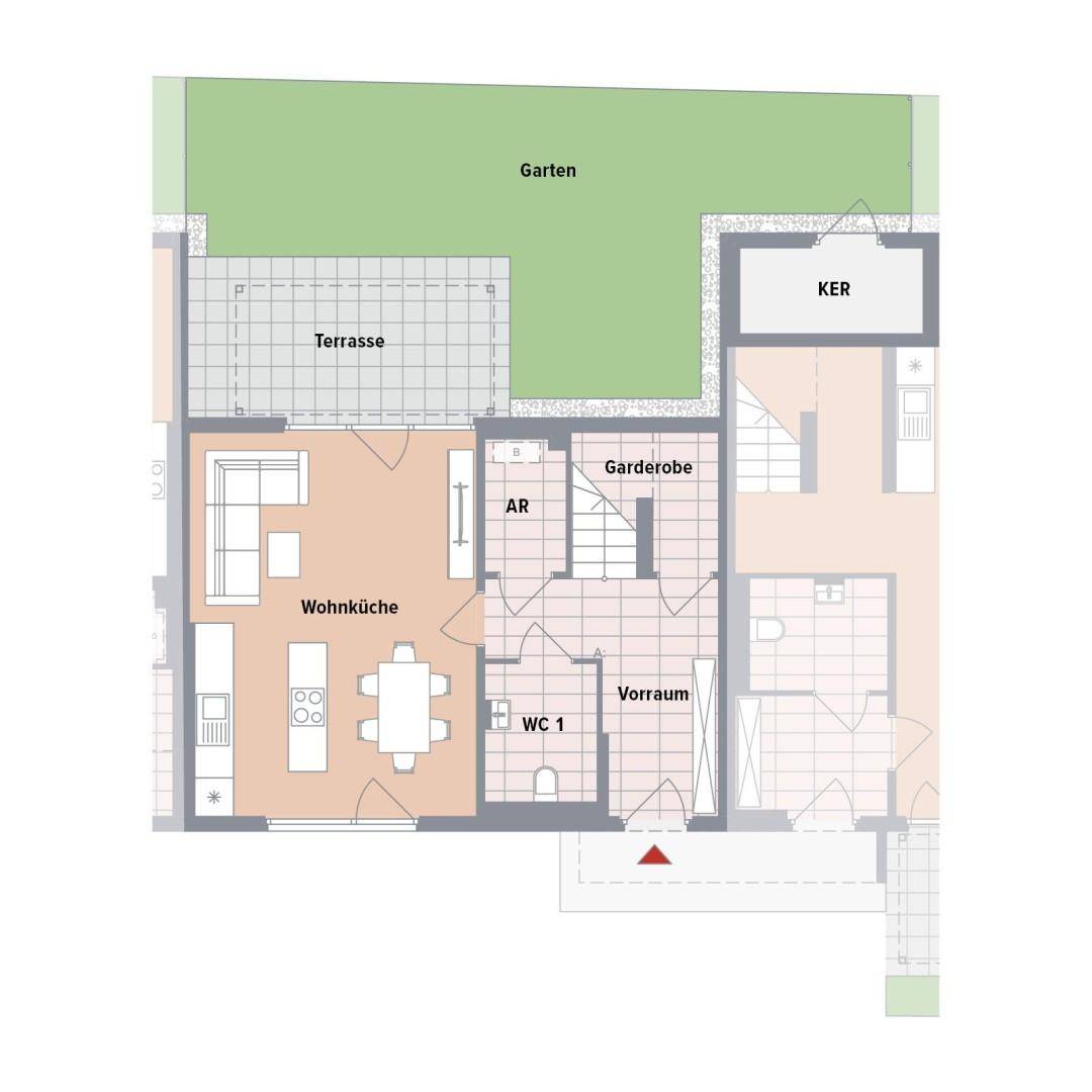 Grundriss des Erdgeschosses mit offener Wohnküche, Terrasse, Garten und separatem WC.