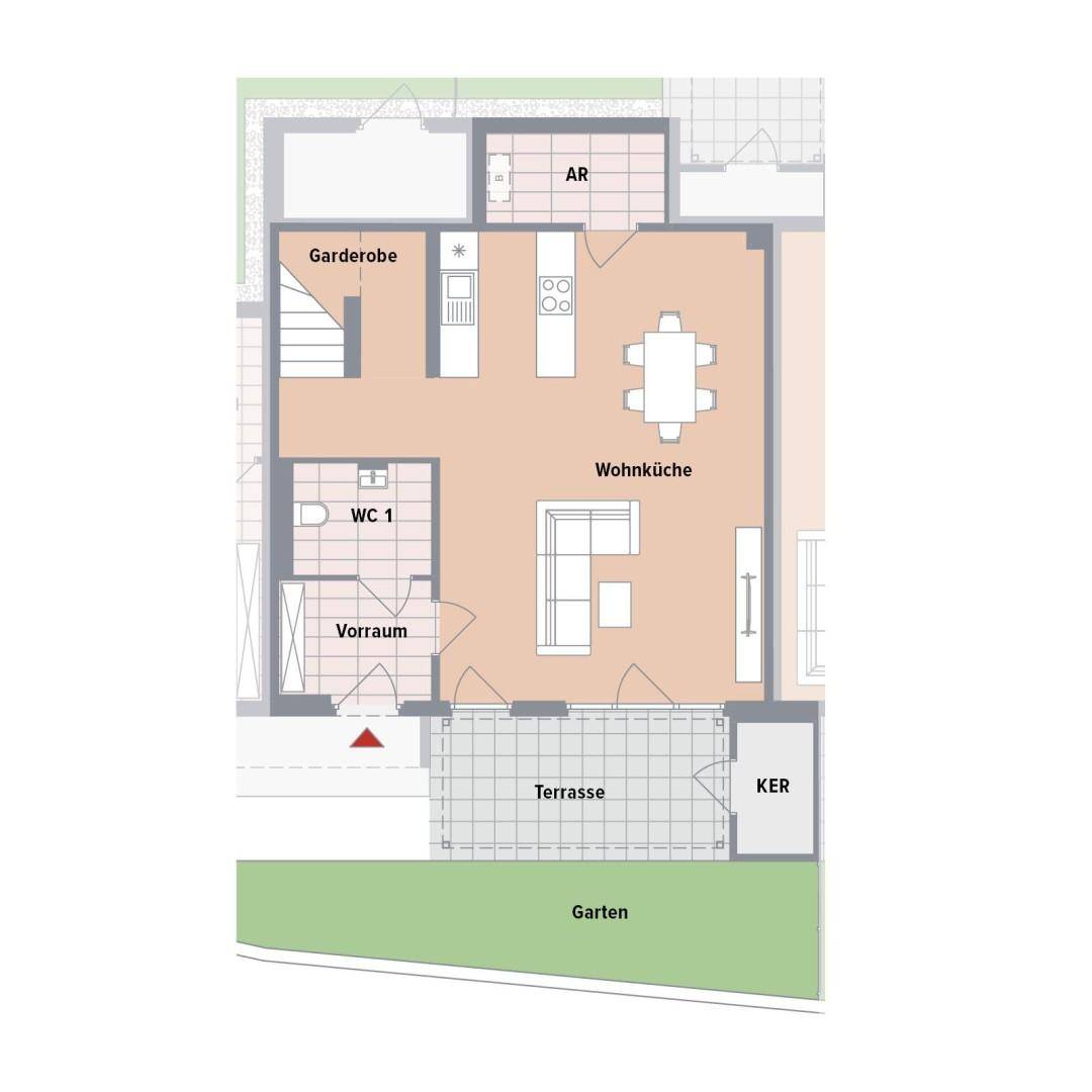 Grundriss des Erdgeschosses mit offener Wohnküche, Terrasse und Gartenbereich.