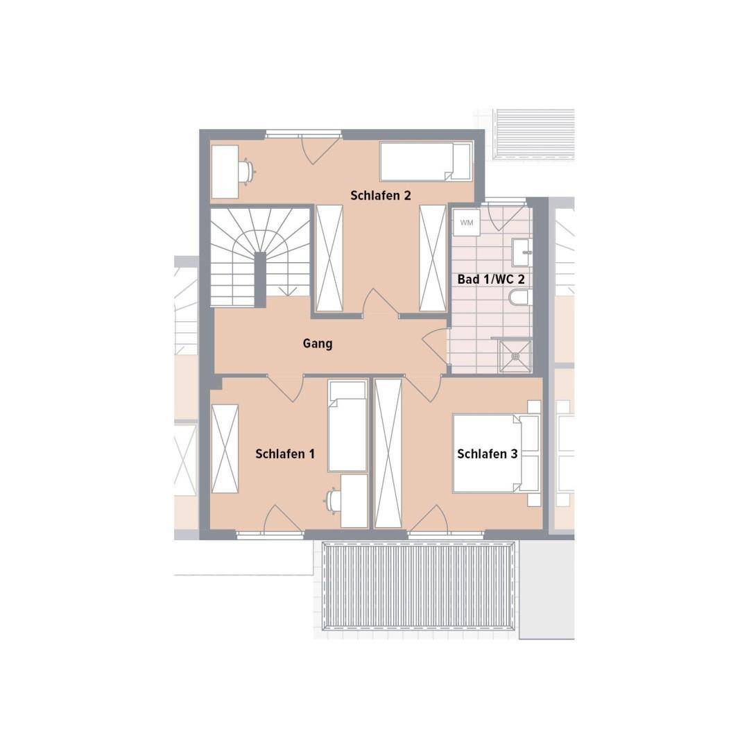 Grundriss des Obergeschosses mit drei Schlafzimmern und einem Badezimmer mit WC.