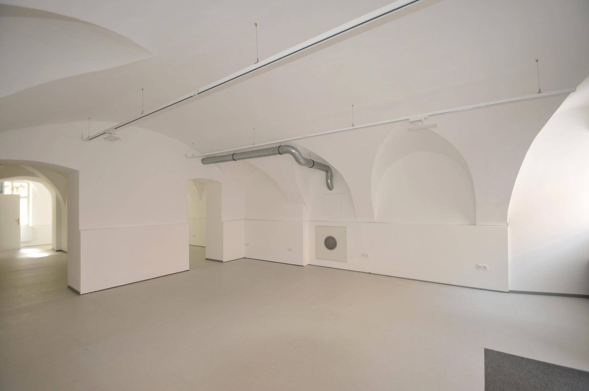 Geräumiger Gewerberaum mit weiß gestrichenen Gewölbedecken und sichtbaren Lüftungsrohren.