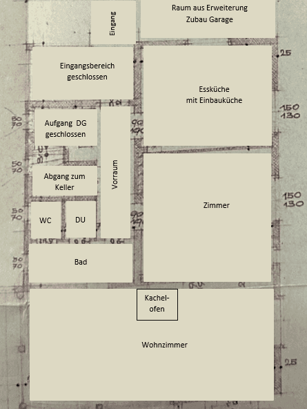 Historischer Grundriss des Erdgeschosses mit Wohnzimmer, Essküche und Bad.