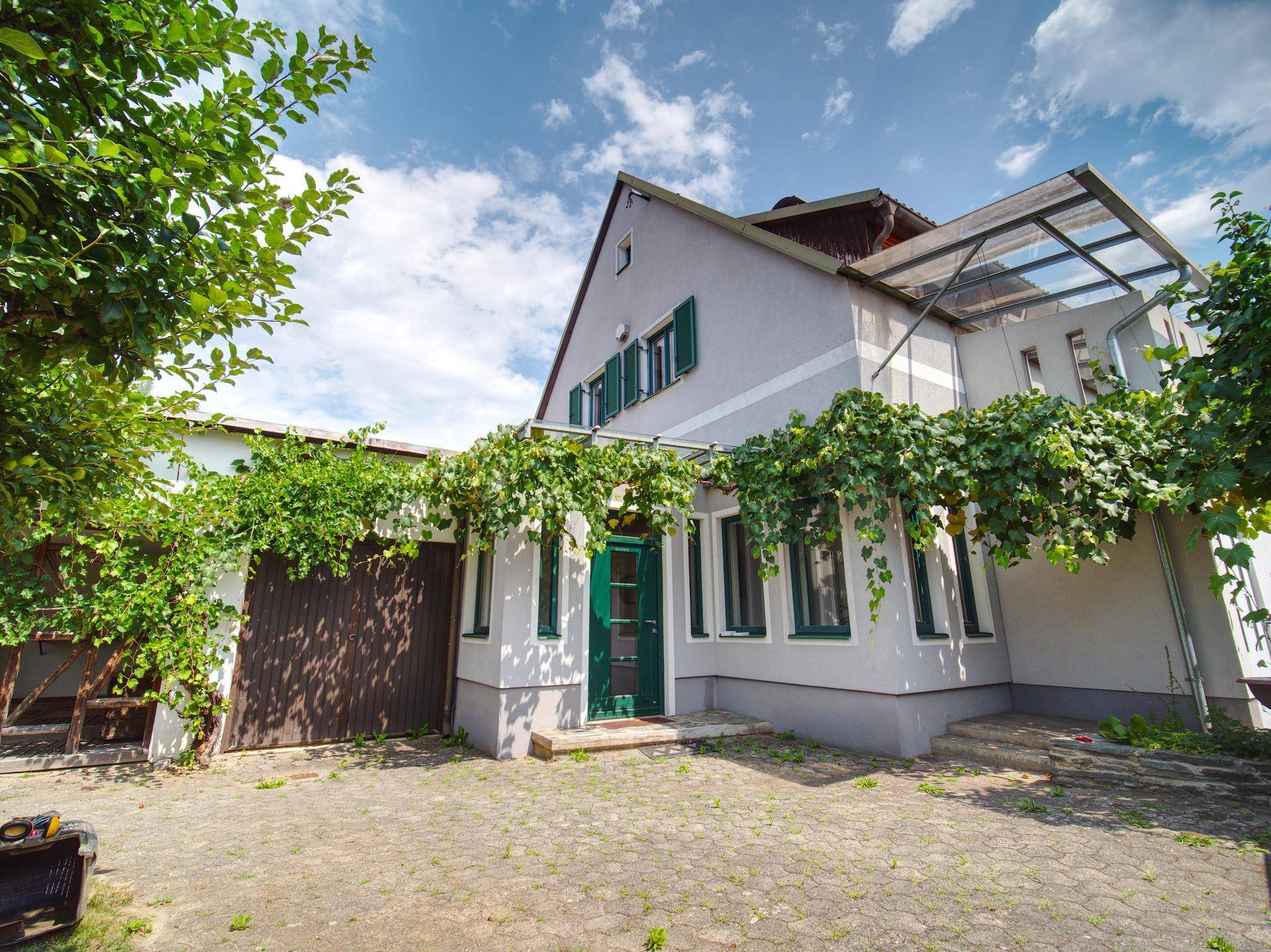 Eingangsbereich des Hauses mit begrüntem Vordach und gepflastertem Vorplatz unter blauem Himmel.