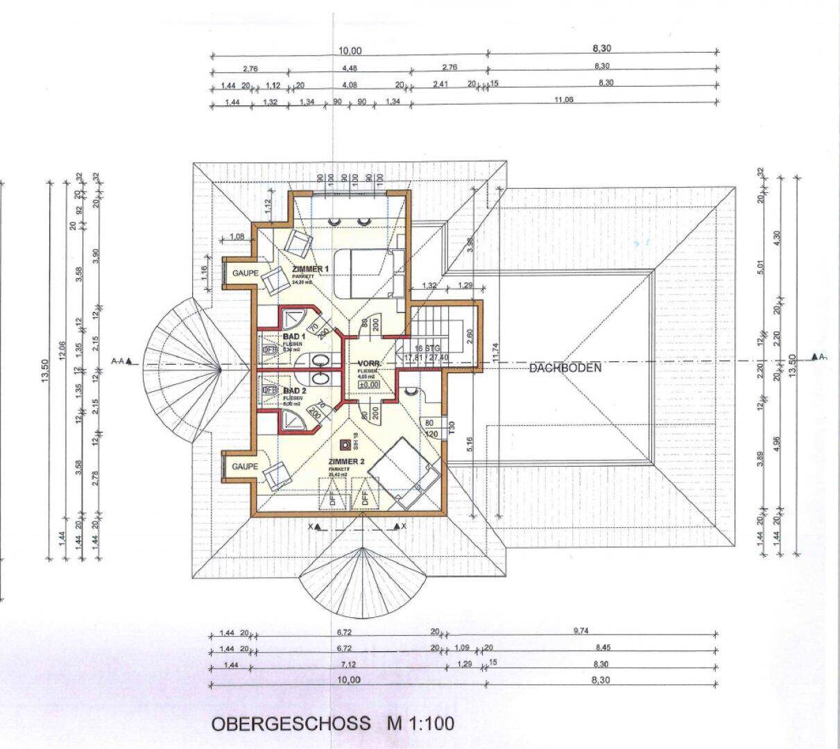 Grundriss des Obergeschosses mit Schlafzimmern, Bädern und Dachschrägen.