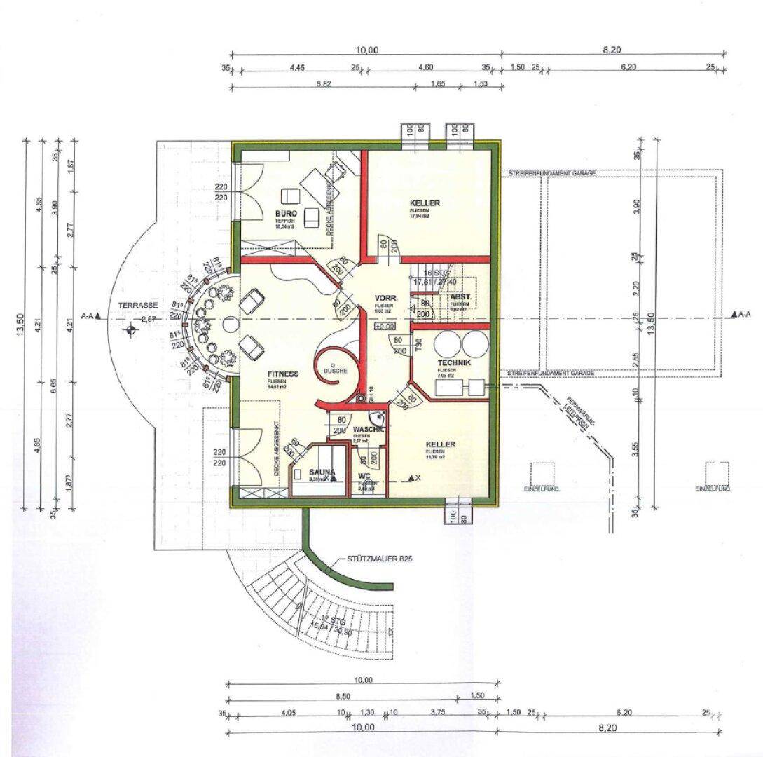 Grundriss des Kellergeschosses mit Fitnessraum, Sauna, Büro und Abstellräumen.