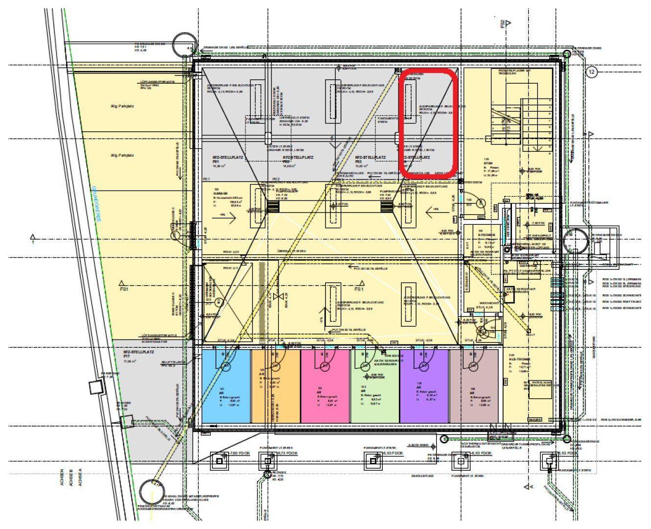 Grundrissplan KG mit Kennzeichnung TG-Abstellplatz