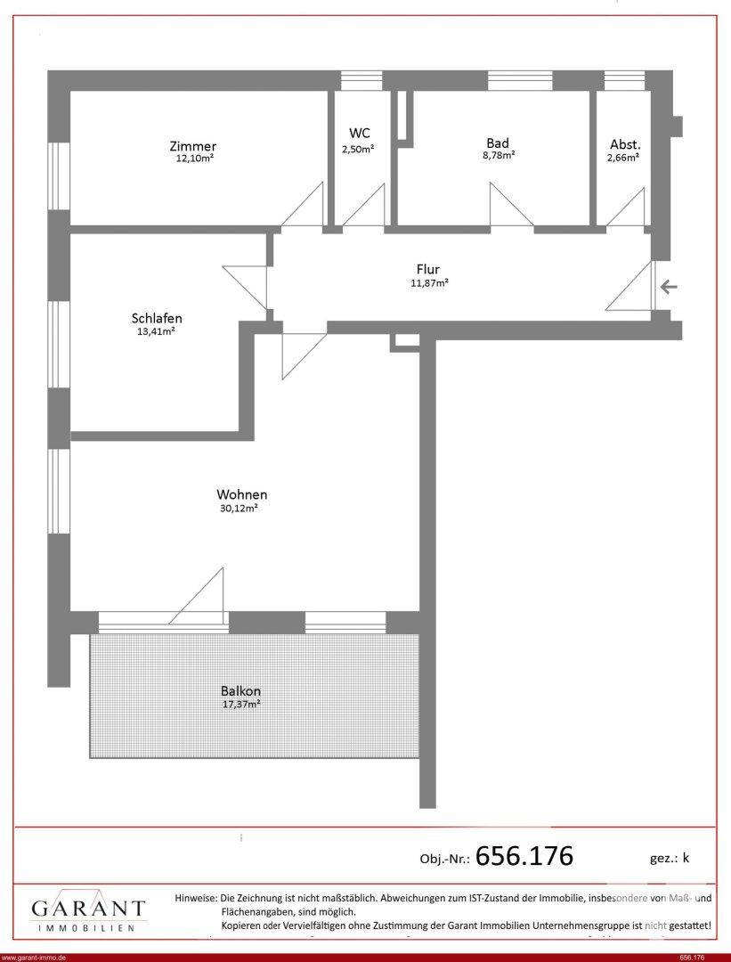 Grundriss einer Wohnung mit Wohnzimmer, Schlafzimmer, weiterem Zimmer, Bad, WC und großem Balkon.