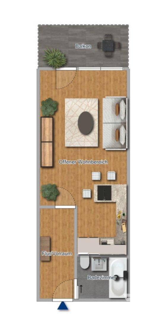 Grundriss einer Wohnung mit offenem Wohnbereich, Balkon und Badezimmer.
