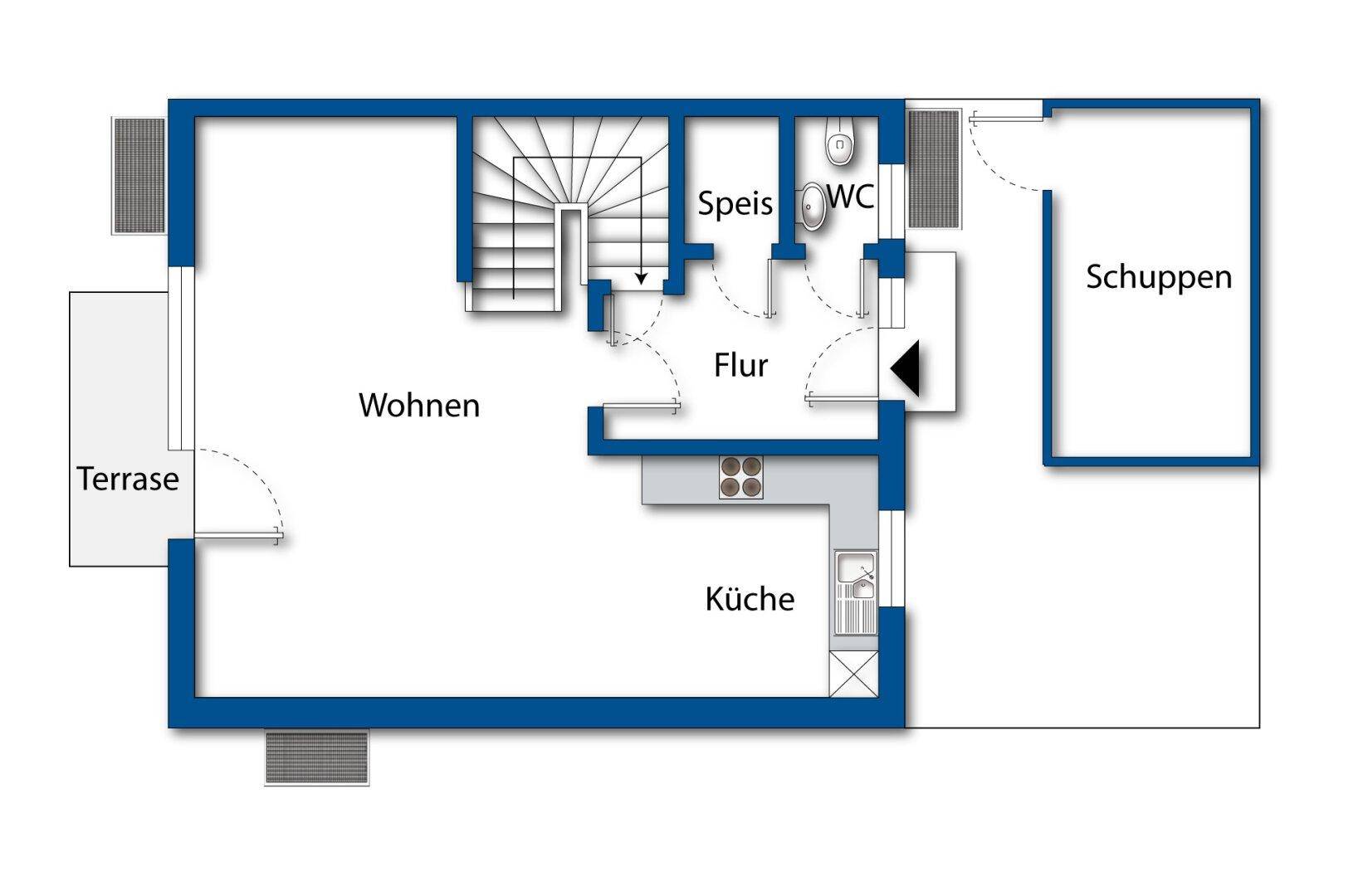 Grundriss des Erdgeschosses mit Wohnbereich, Küche, WC und Terrasse.