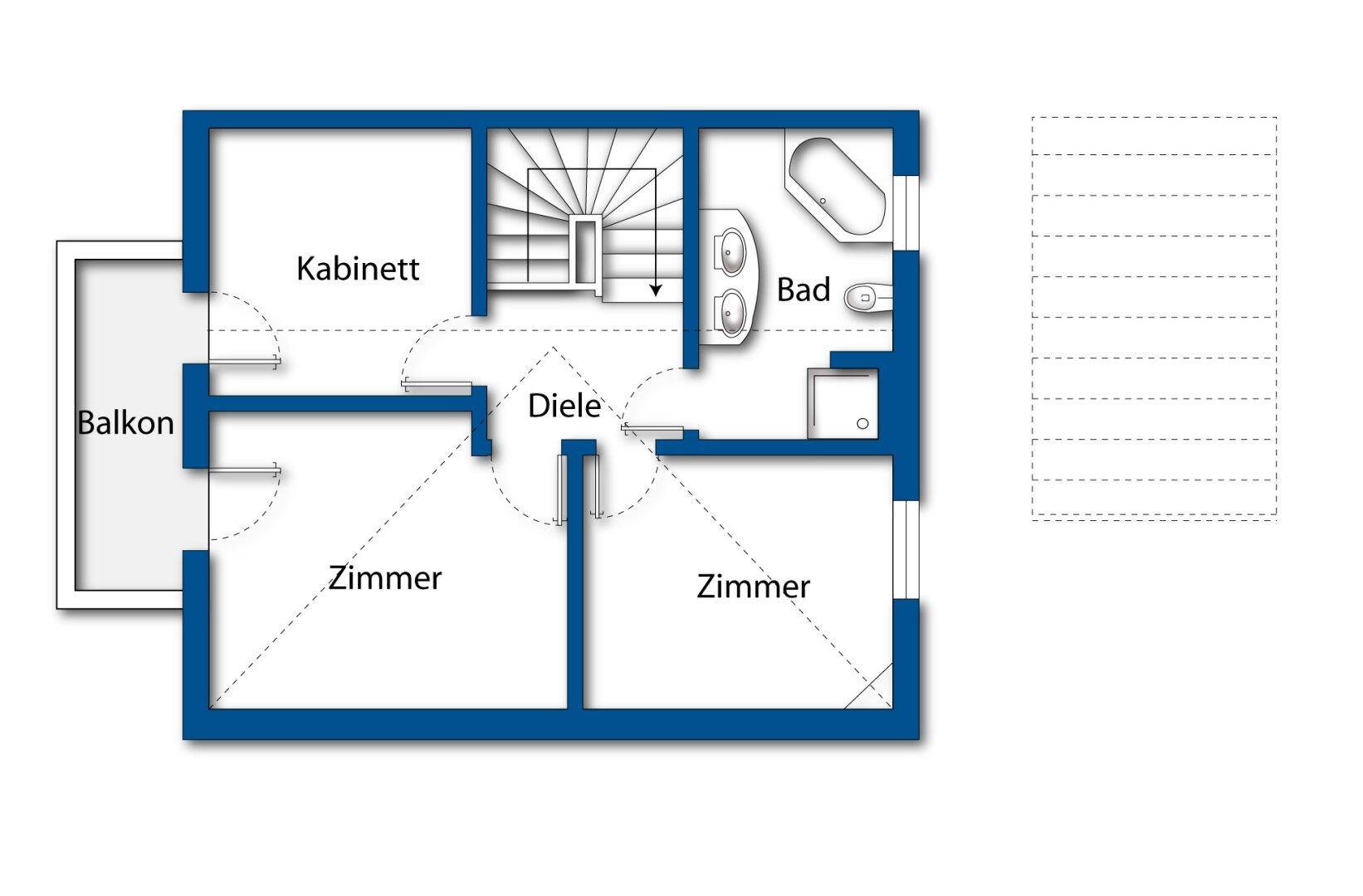 Grundriss des Obergeschosses mit Schlafzimmern, Bad und Balkon.