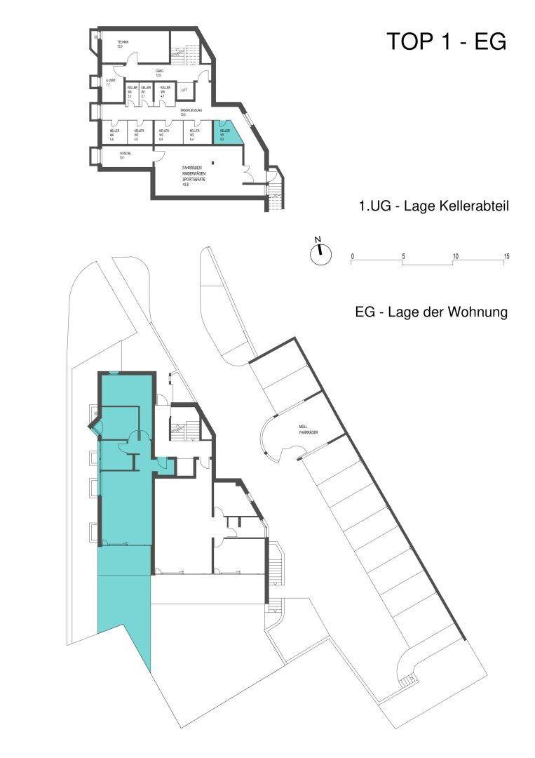 Lageplan der Erdgeschosswohnung TOP 1 mit zugehörigem Kellerabteil und Tiefgarage.