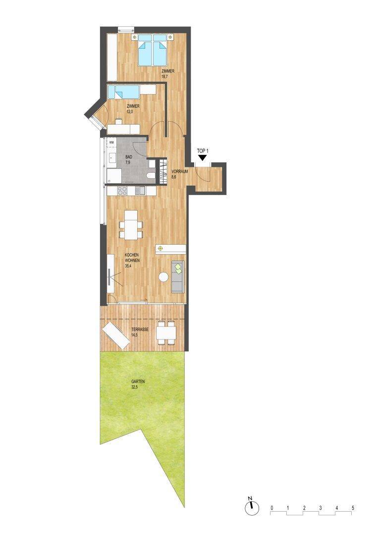 Detaillierter Grundriss einer Wohnung mit offener Küche, Terrasse und eigenem Gartenbereich.